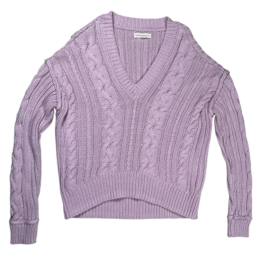 Aeropostale Women's Pink V-Neck Cable Knit Sweater Sz S Hi Low Hem Y2K 90s
